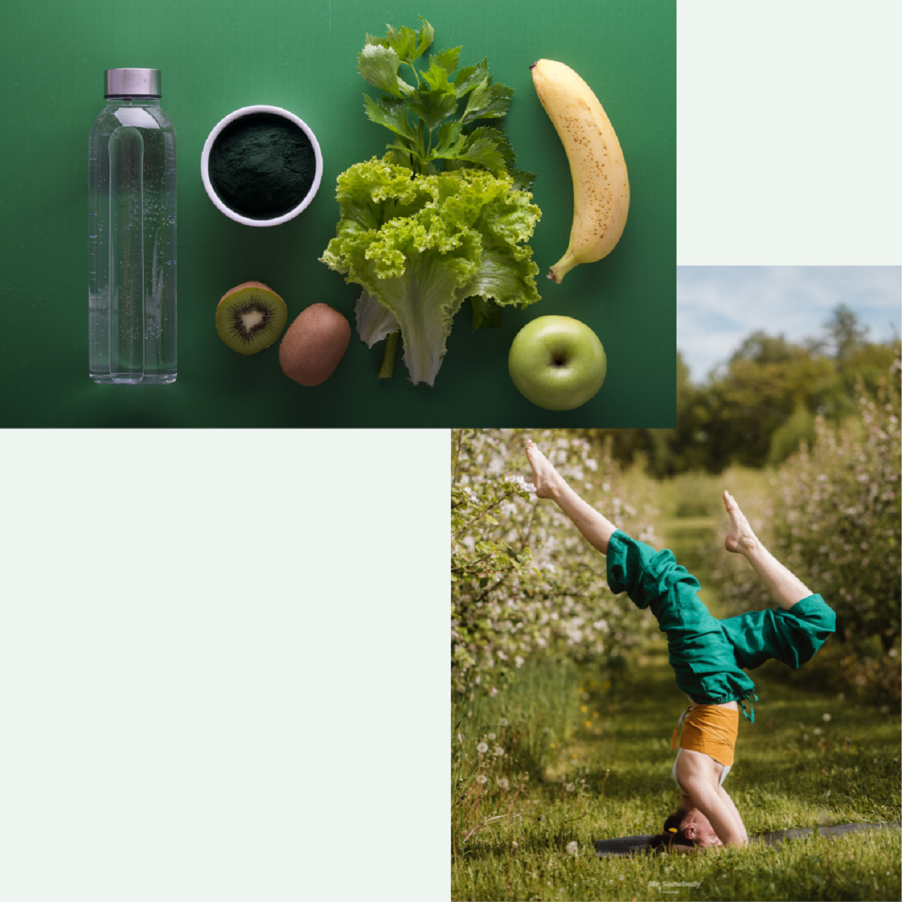 girl doing yoga and fresh fruits/vegetables